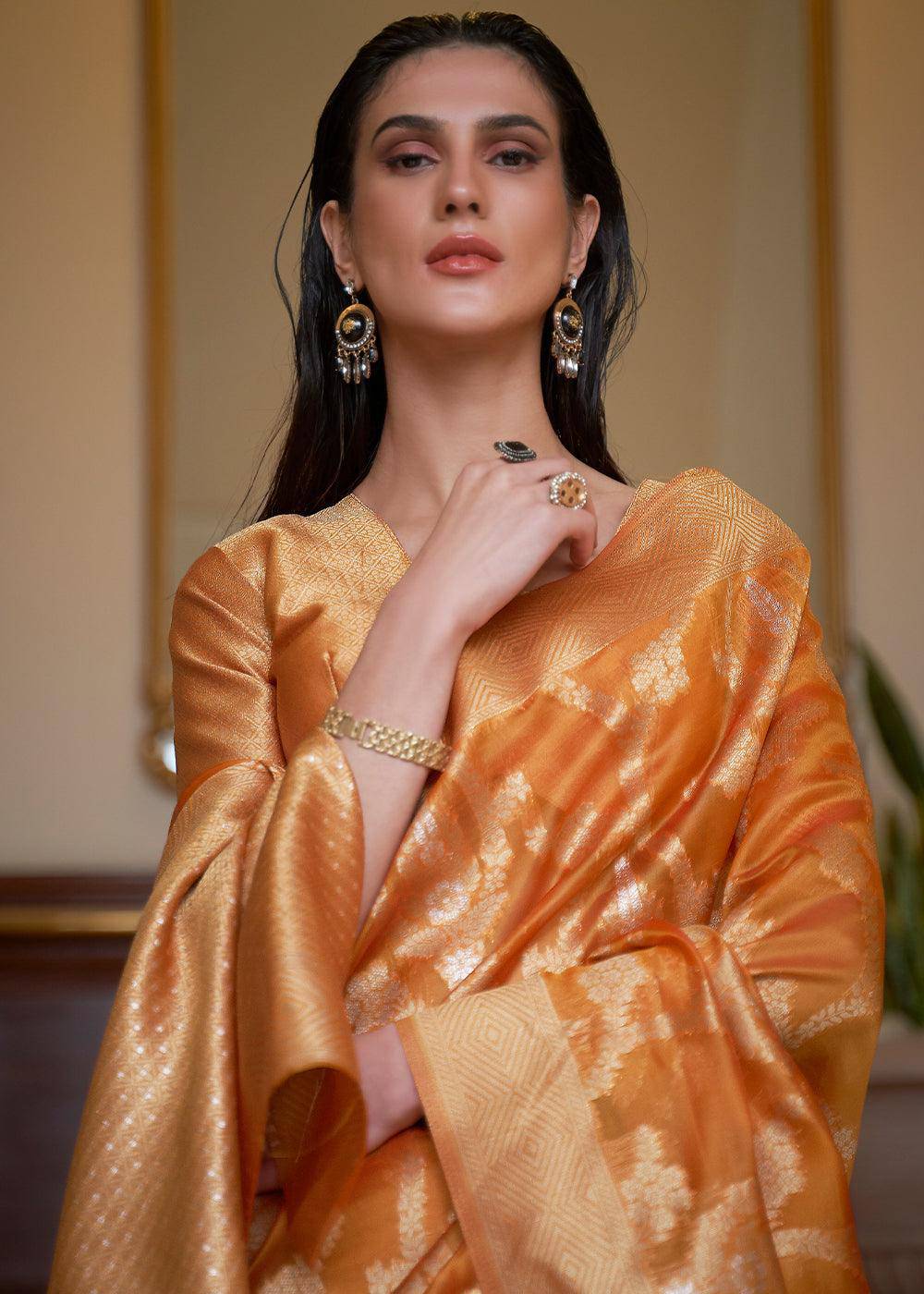 Sandstone Orange Two Tone Handloom Woven Organza Silk Saree | Stitched Blouse - qivii