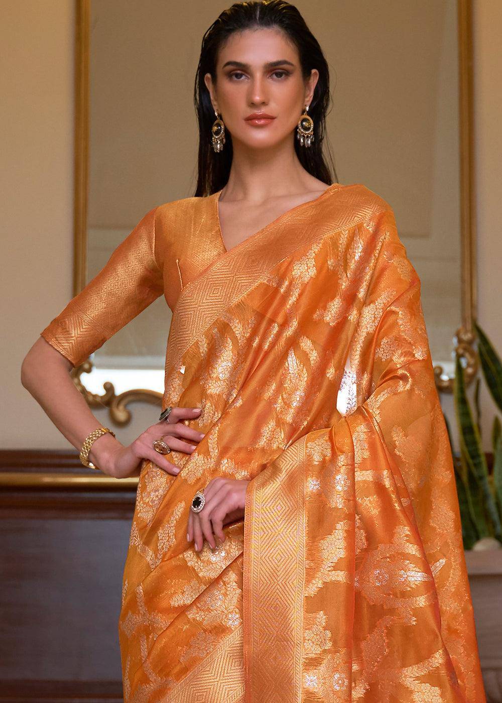 Sandstone Orange Two Tone Handloom Woven Organza Silk Saree | Stitched Blouse - qivii