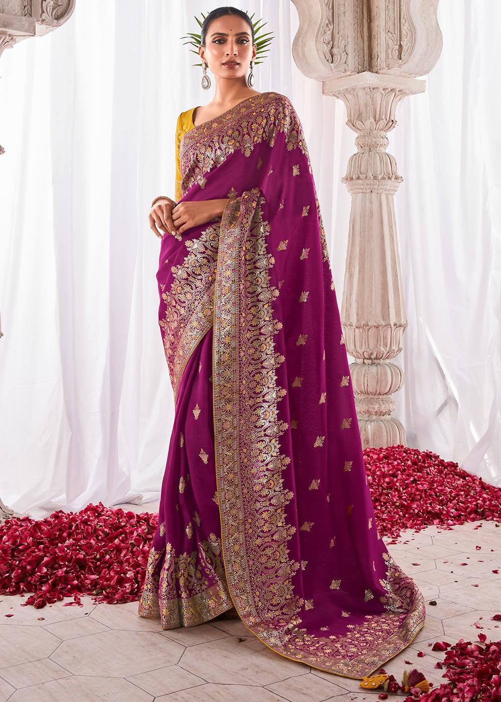 Sangria Purple Kora Silk Saree with Meenakari Pallu & Designer Blouse - qivii