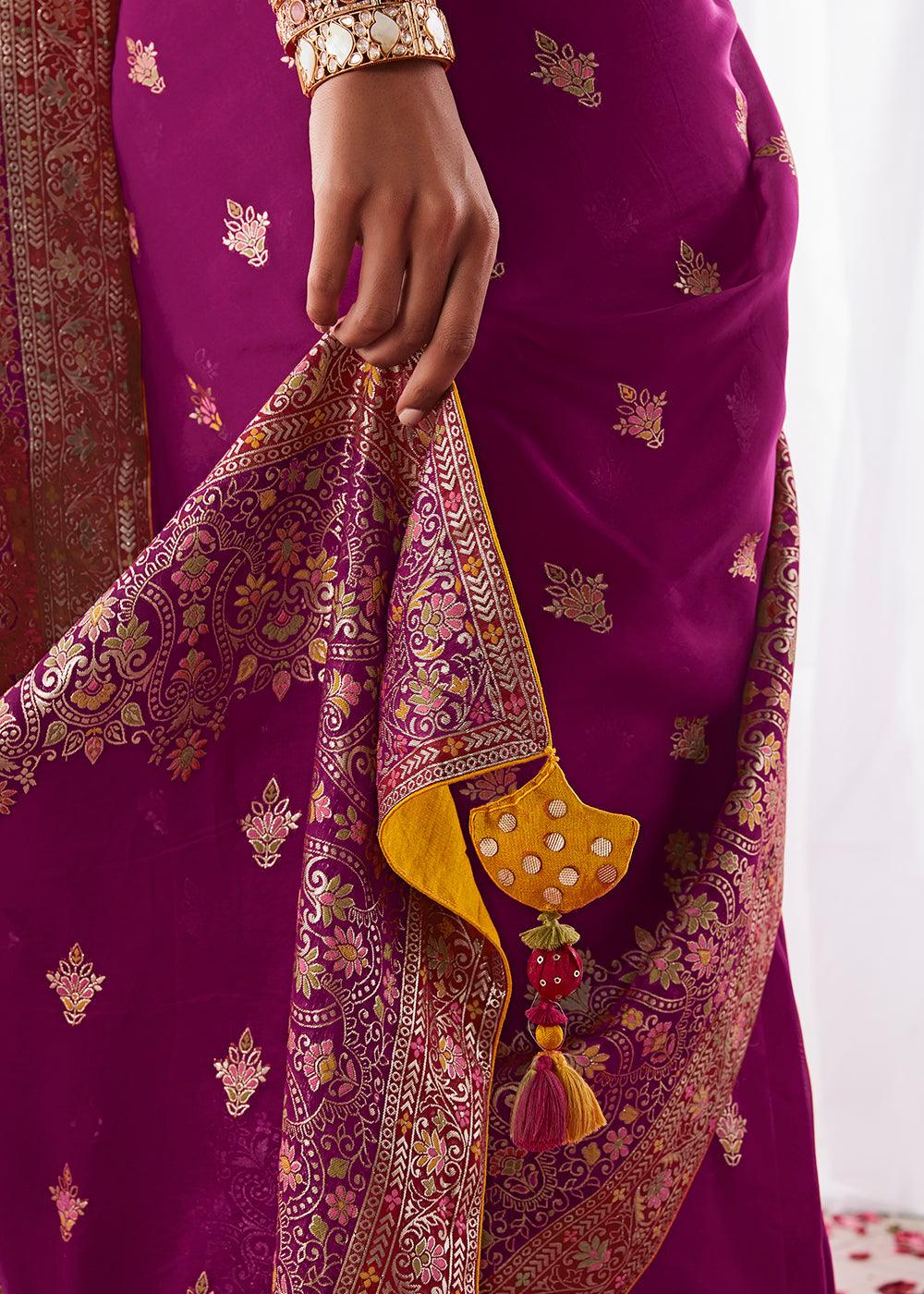 Sangria Purple Kora Silk Saree with Meenakari Pallu & Designer Blouse - qivii