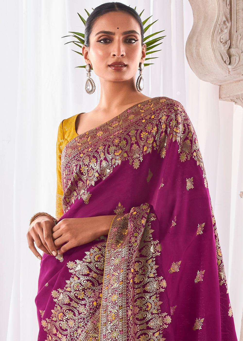 Sangria Purple Kora Silk Saree with Meenakari Pallu & Designer Blouse - qivii