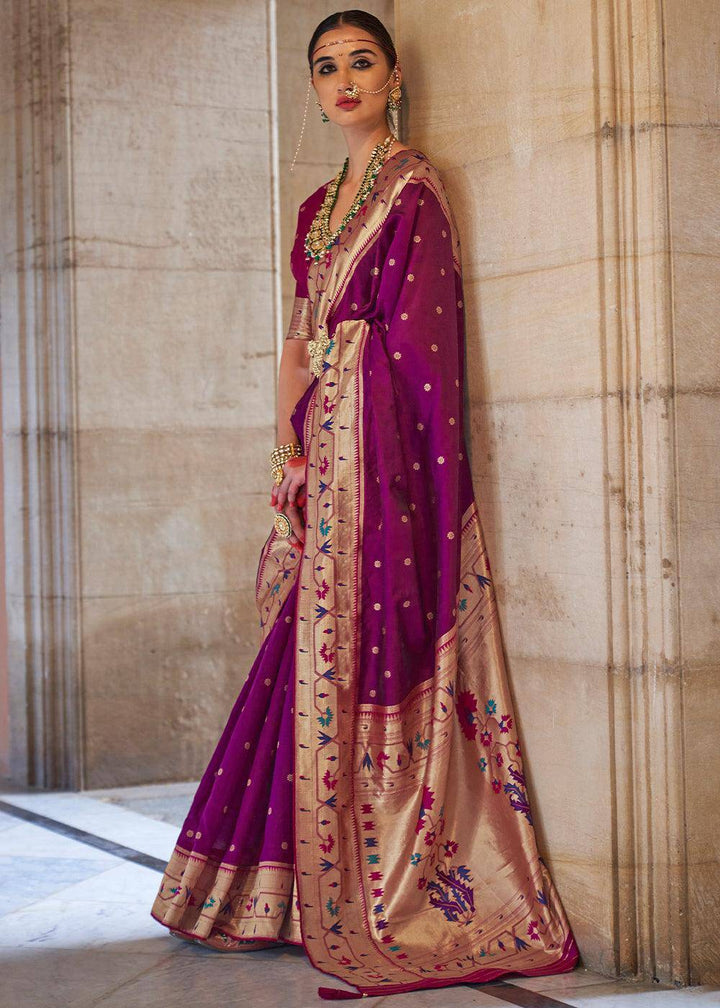 Sangria Purple Paithani Silk Saree | Stitched Blouse - qivii