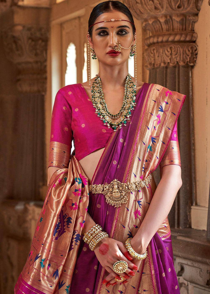 Sangria Purple Paithani Silk Saree | Stitched Blouse - qivii