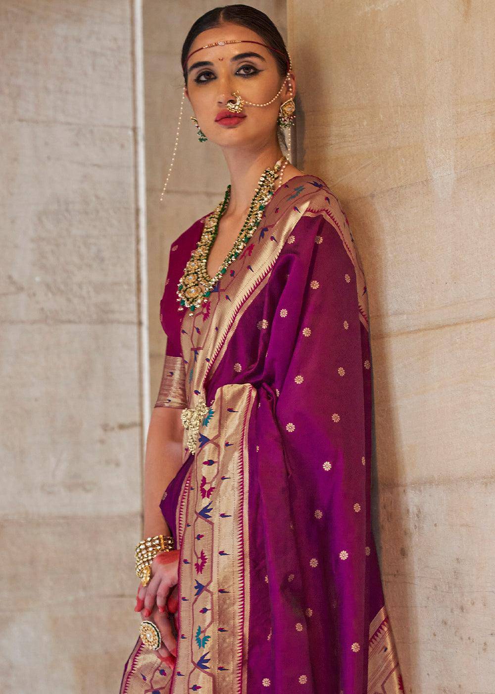 Sangria Purple Paithani Silk Saree | Stitched Blouse - qivii