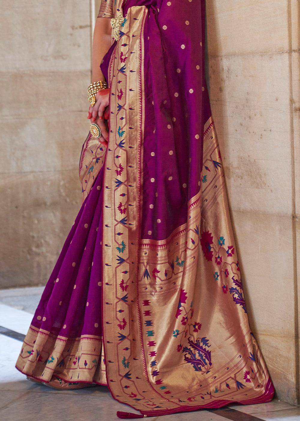 Sangria Purple Paithani Silk Saree | Stitched Blouse - qivii