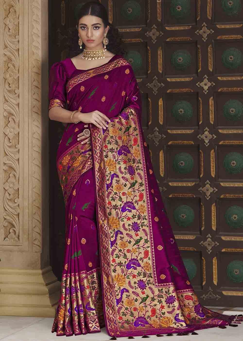 Sangria Purple Woven Paithani Banarasi Silk Saree | Stitched Blouse - qivii