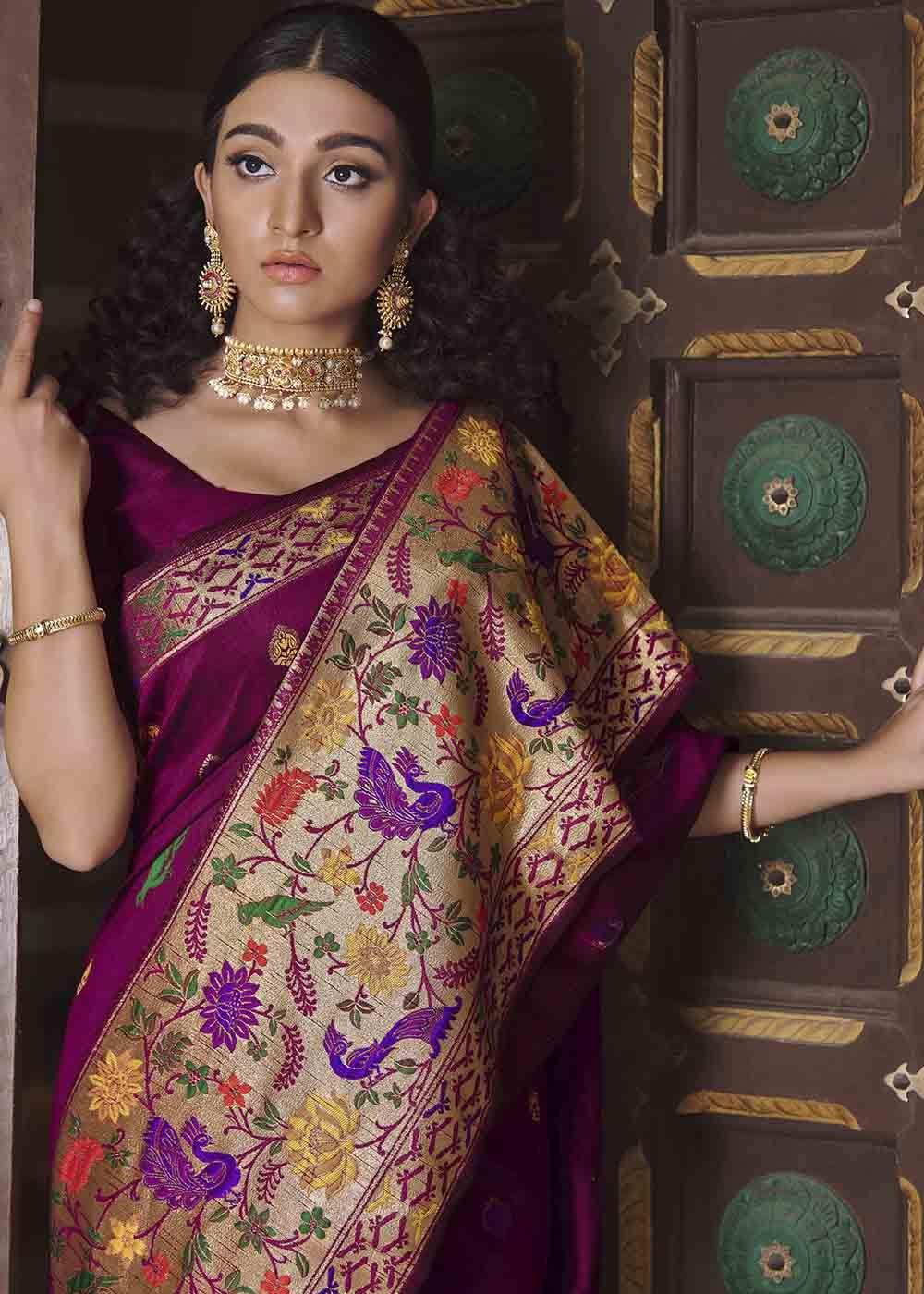 Sangria Purple Woven Paithani Banarasi Silk Saree | Stitched Blouse - qivii