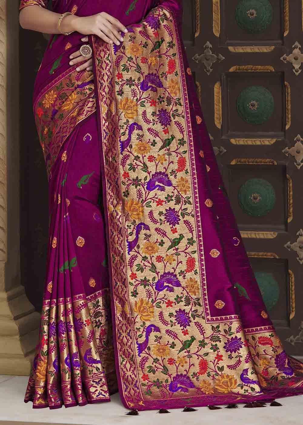 Sangria Purple Woven Paithani Banarasi Silk Saree | Stitched Blouse - qivii