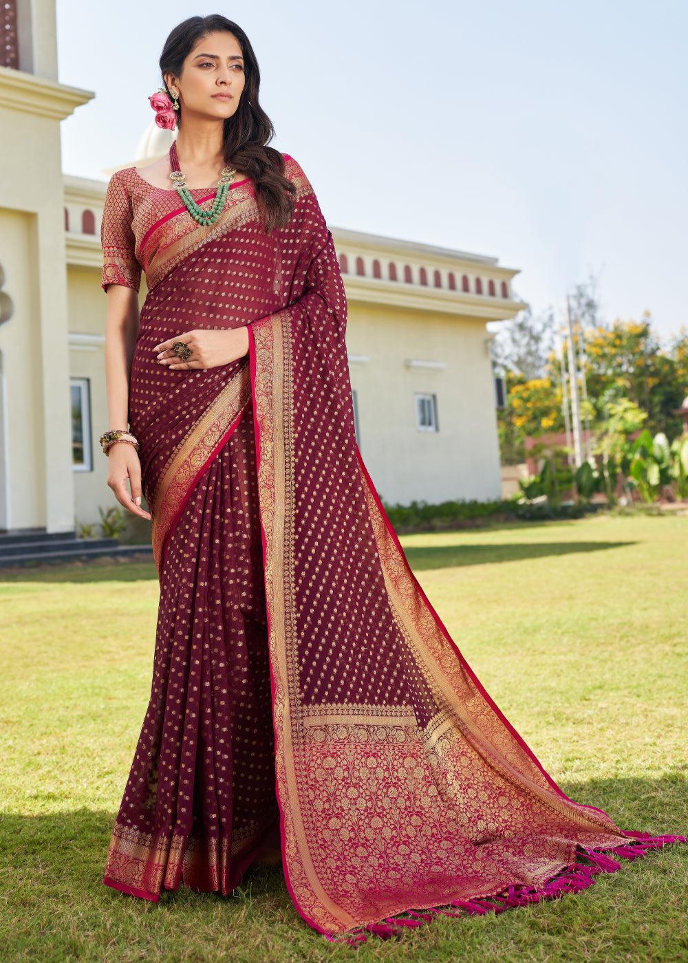 Sangria Purple Zari Woven Georgette Saree with Contrast Blouse & Pallu - qivii