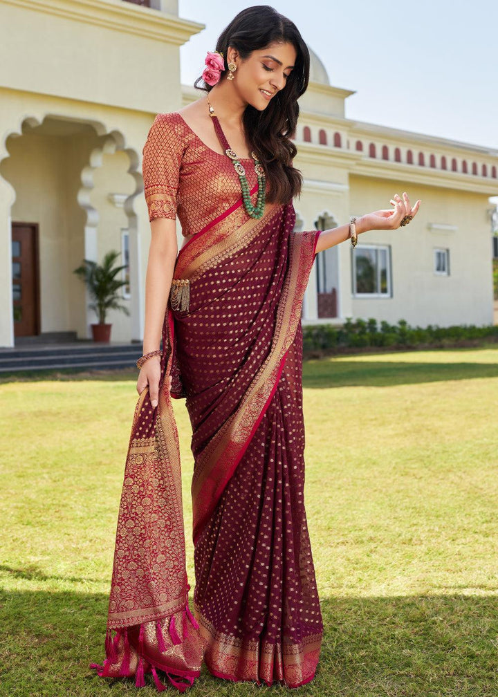 Sangria Purple Zari Woven Georgette Saree with Contrast Blouse & Pallu - qivii