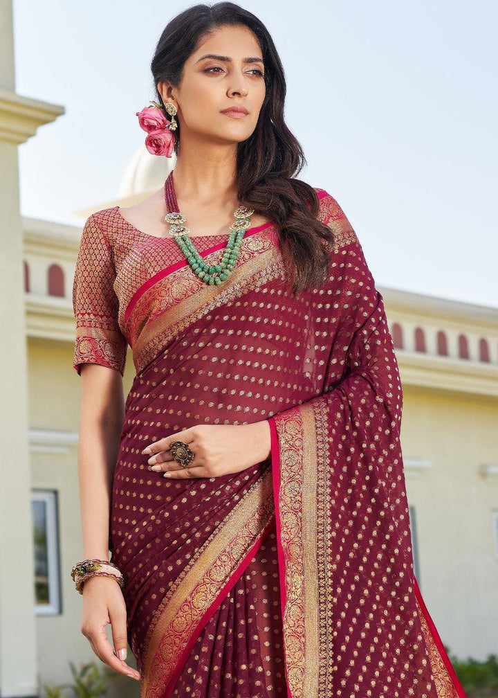 Sangria Purple Zari Woven Georgette Saree with Contrast Blouse & Pallu - qivii