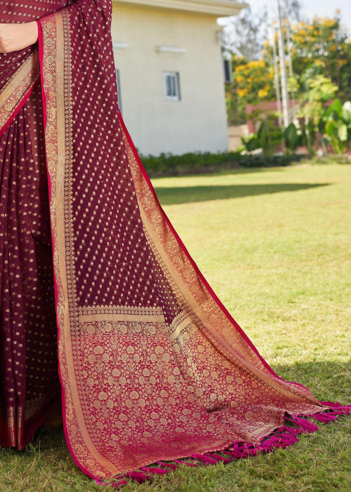 Sangria Purple Zari Woven Georgette Saree with Contrast Blouse & Pallu - qivii