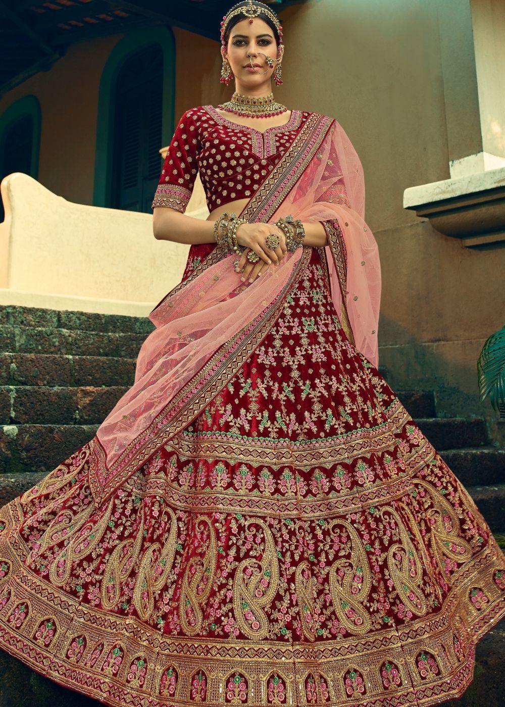 Sangria Red Bridal Velvet Lehenga Choli with Embroidery & Hand work - qivii