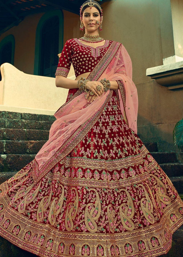 Sangria Red Bridal Velvet Lehenga Choli with Embroidery & Hand work - qivii