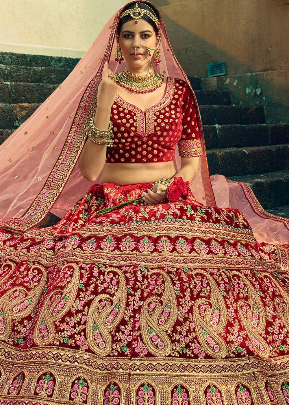 Sangria Red Bridal Velvet Lehenga Choli with Embroidery & Hand work - qivii