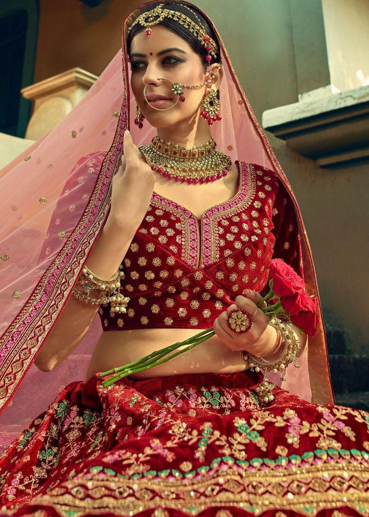 Sangria Red Bridal Velvet Lehenga Choli with Embroidery & Hand work - qivii