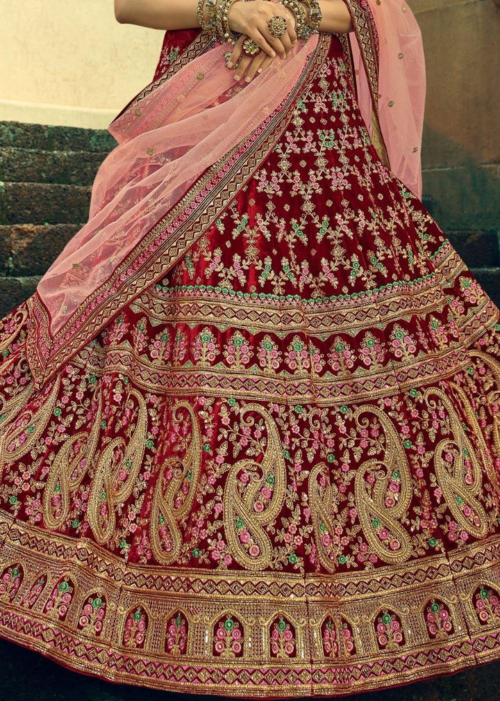 Sangria Red Bridal Velvet Lehenga Choli with Embroidery & Hand work - qivii