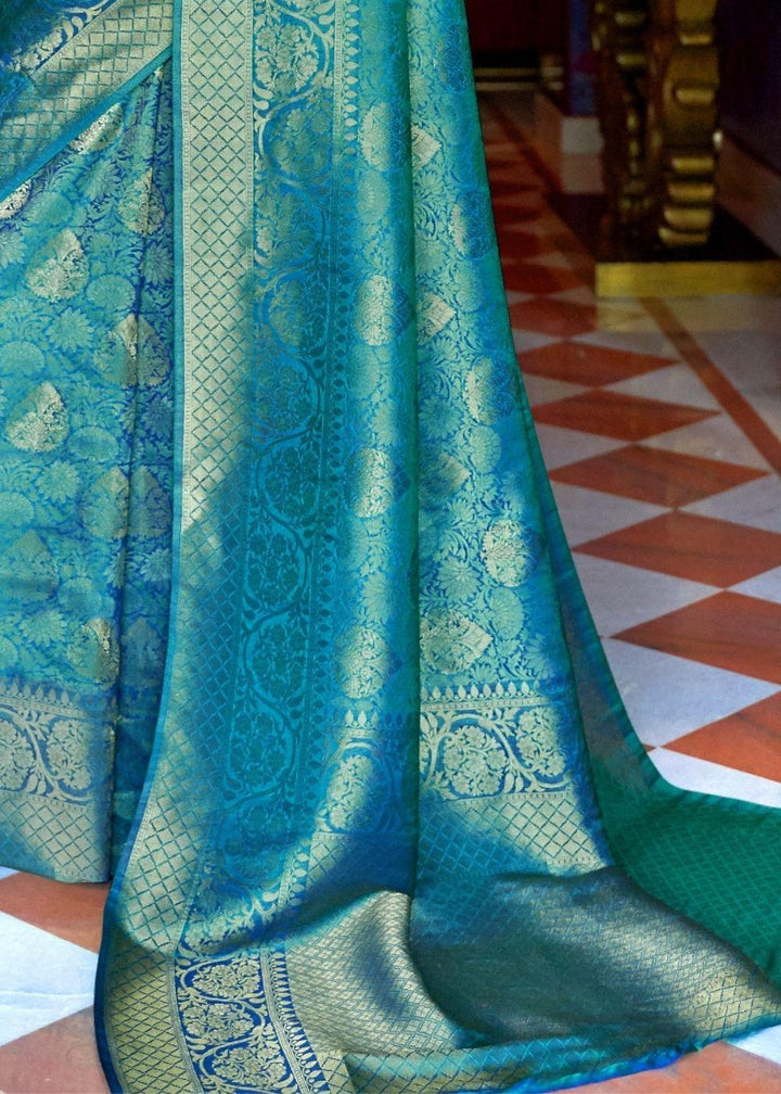 Sapphire Blue and Golden Blend Woven Kanjivaram Soft Silk Saree | Stitched Blouse - qivii