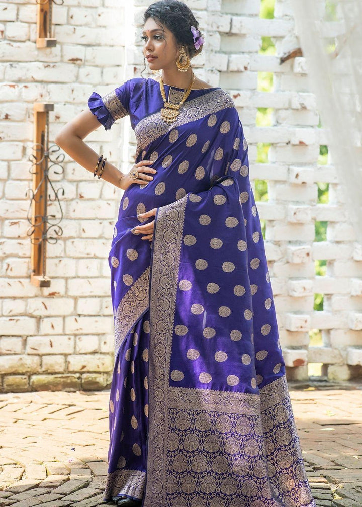 Sapphire Blue Soft Banarasi Silk Saree with overall Butti | Stitched Blouse - qivii