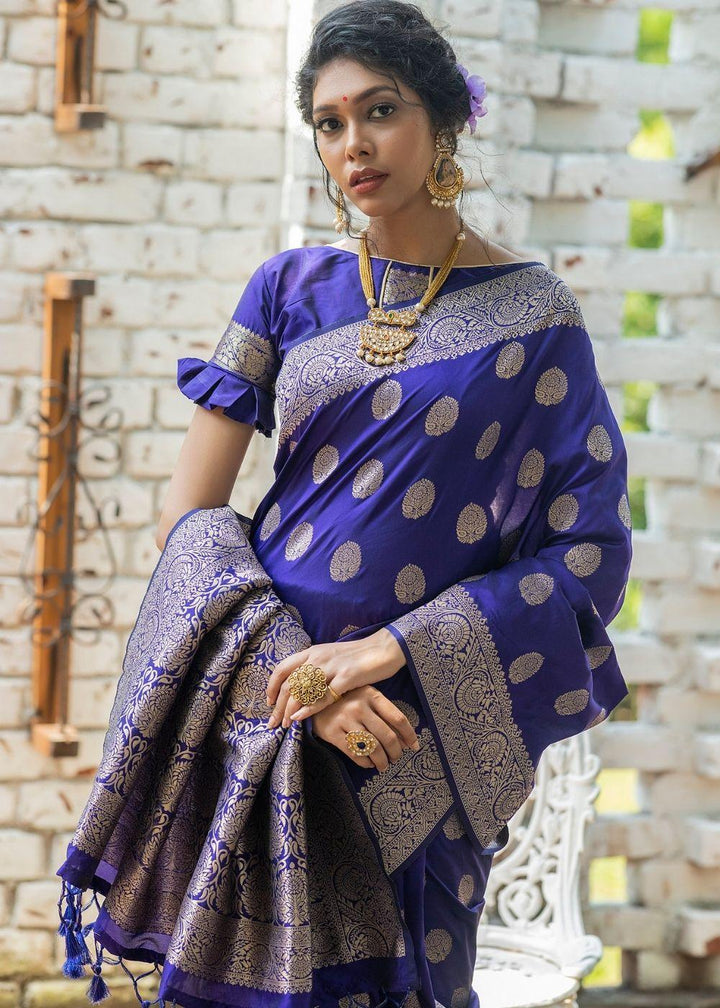 Sapphire Blue Soft Banarasi Silk Saree with overall Butti | Stitched Blouse - qivii