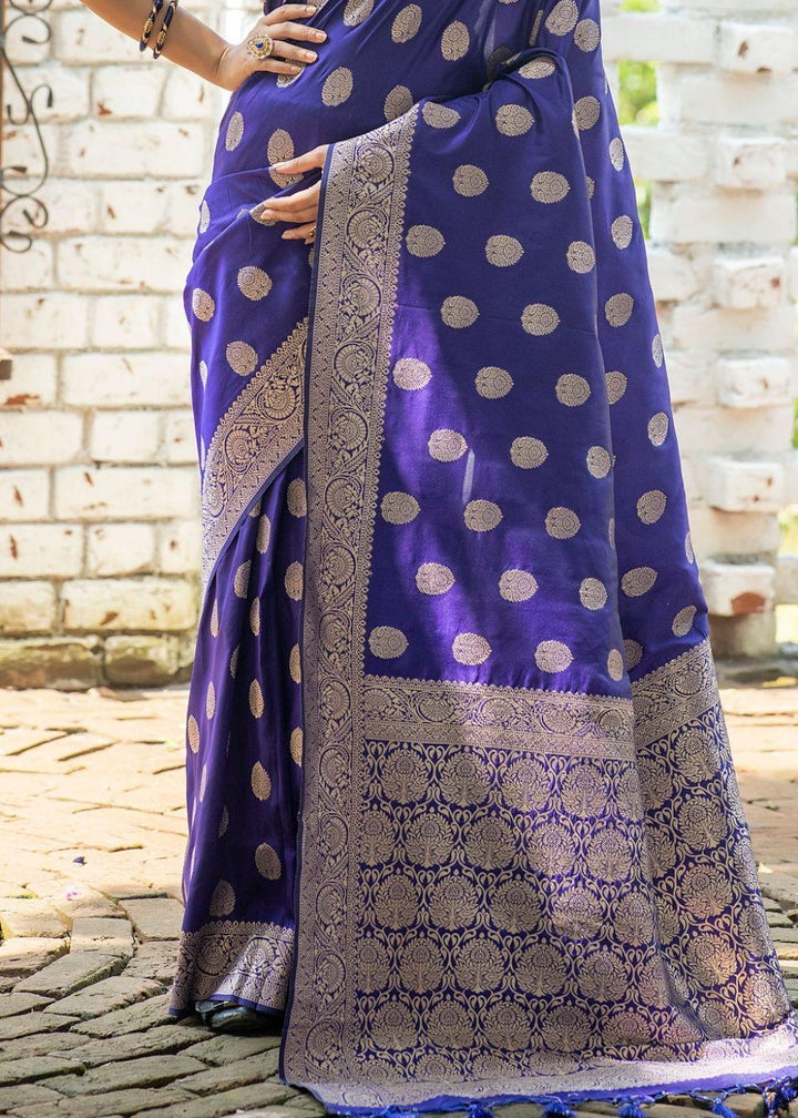 Sapphire Blue Soft Banarasi Silk Saree with overall Butti | Stitched Blouse - qivii