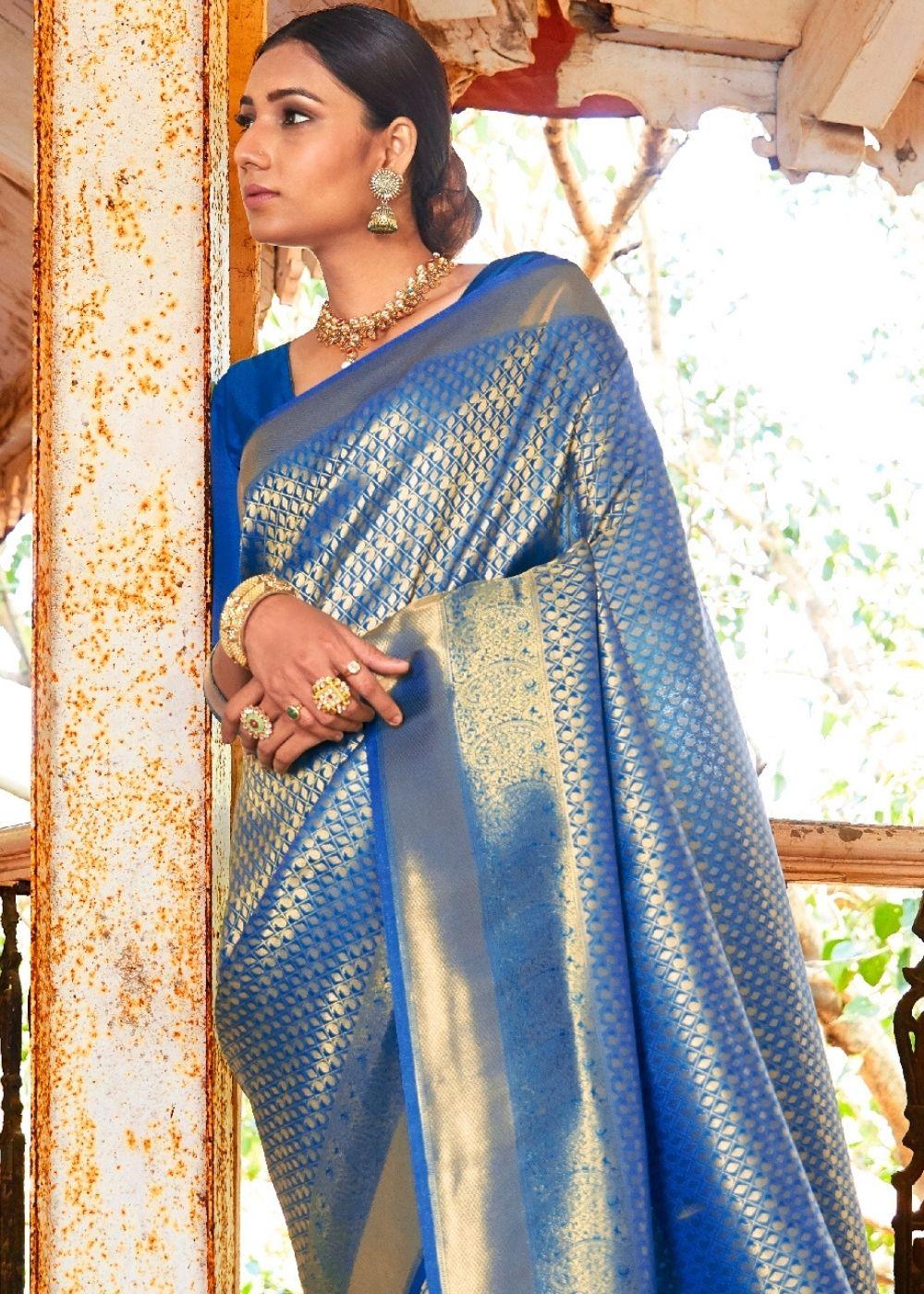 Sapphire Blue Woven Kanjivaram Saree:Limited Edition | Stitched Blouse - qivii