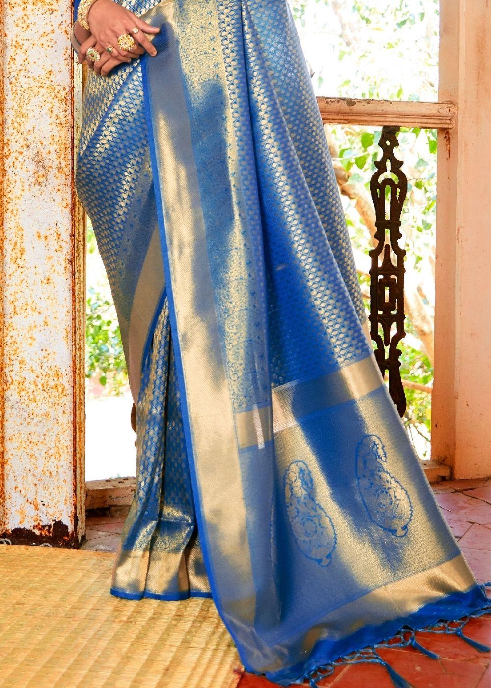 Sapphire Blue Woven Kanjivaram Saree:Limited Edition | Stitched Blouse - qivii