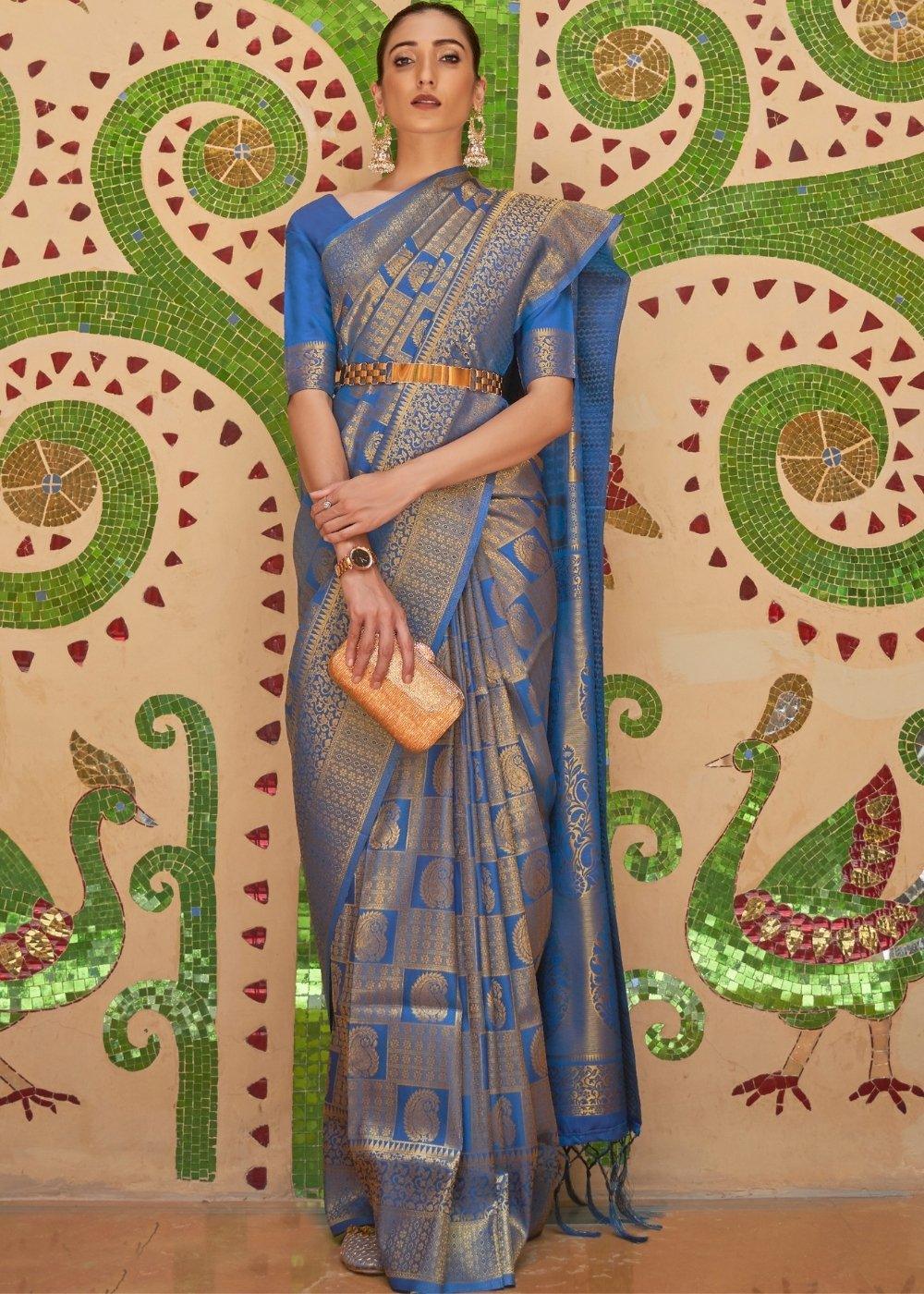 Sapphire Blue Zari Woven Kanjivaram Silk Saree | Stitched Blouse - qivii