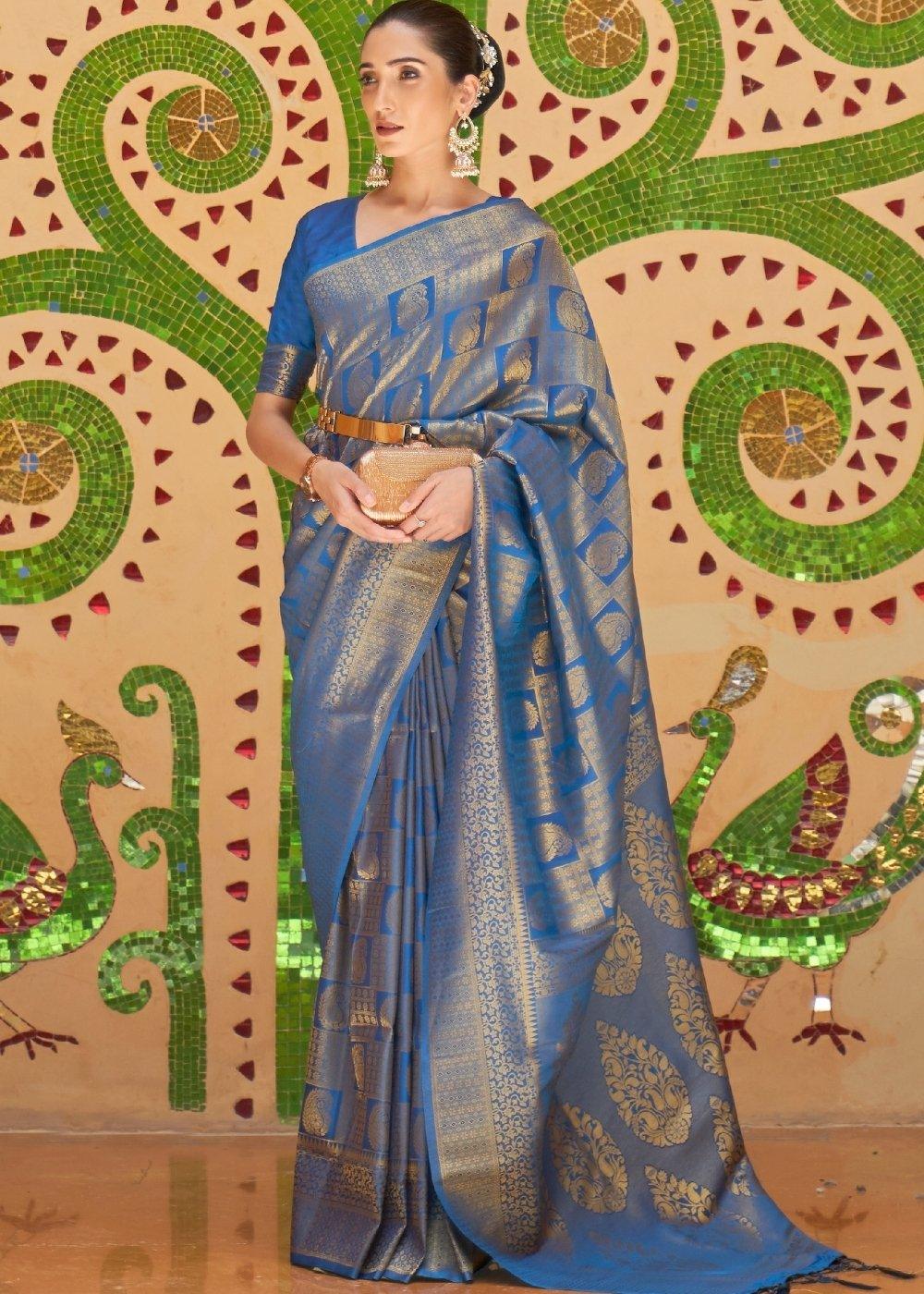 Sapphire Blue Zari Woven Kanjivaram Silk Saree | Stitched Blouse - qivii