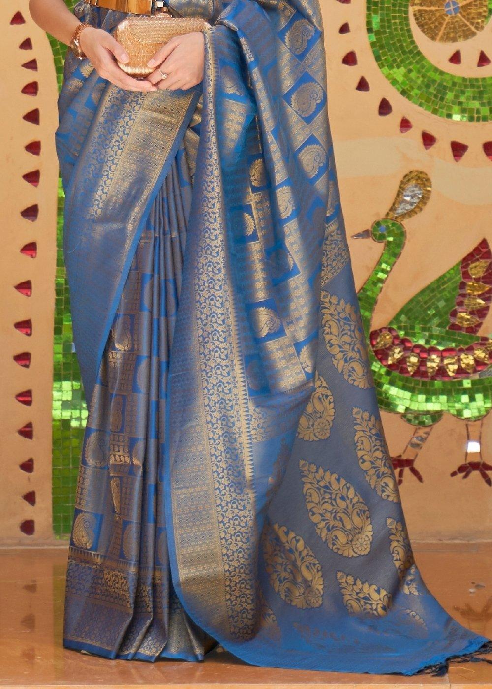 Sapphire Blue Zari Woven Kanjivaram Silk Saree | Stitched Blouse - qivii