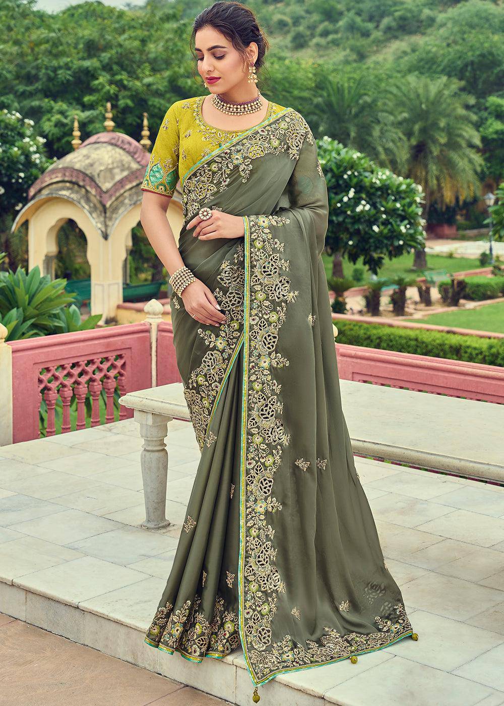 Sardine Grey Designer Organza Saree with Intricate Embroidery work | Stitched Blouse - qivii