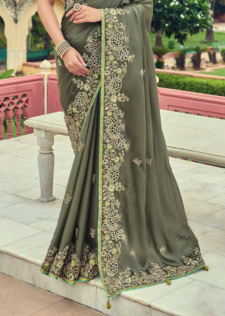 Sardine Grey Designer Organza Saree with Intricate Embroidery work | Stitched Blouse - qivii