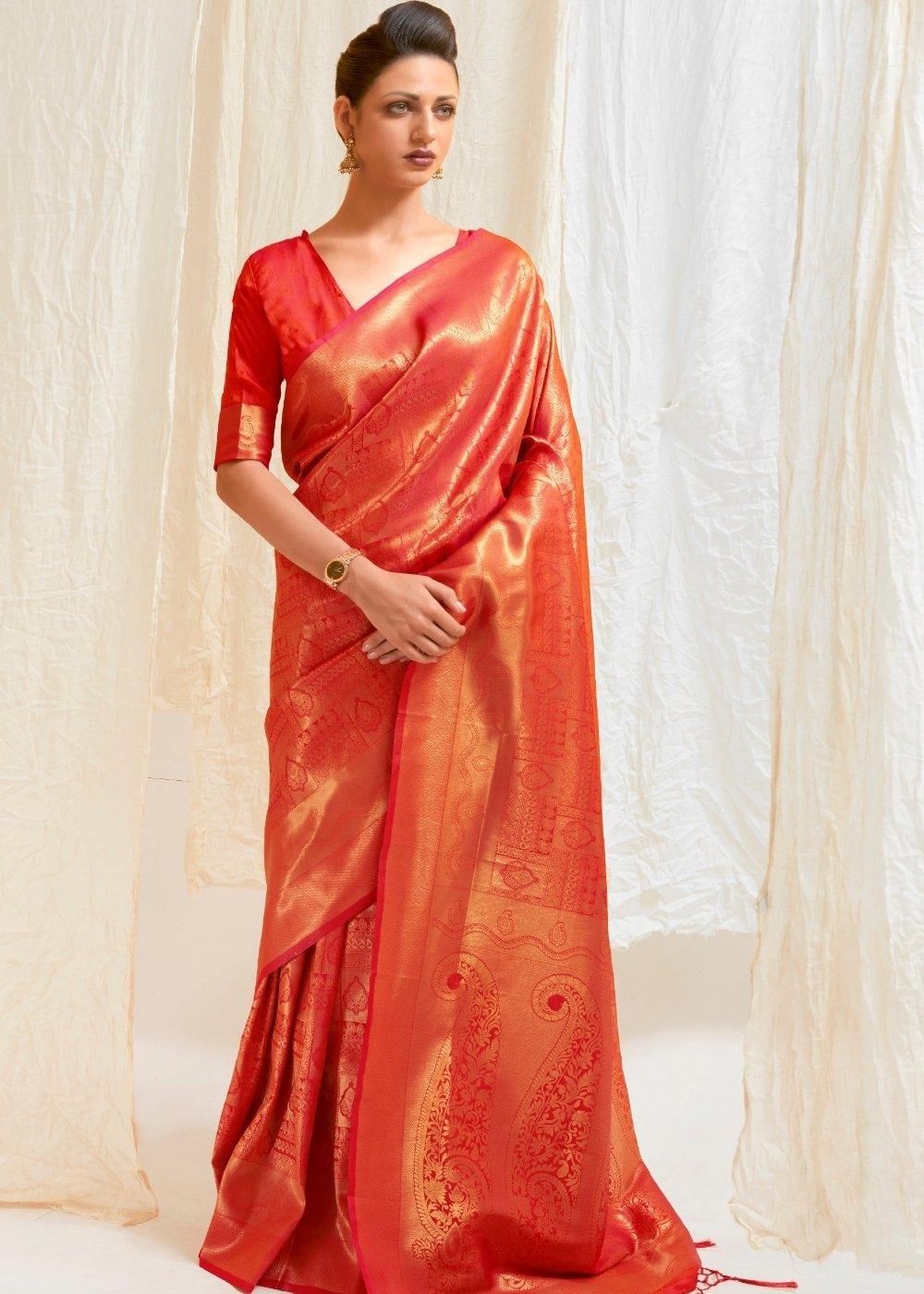 Scarlet Red & Golden Blend Kanjivaram Silk Saree | Stitched Blouse - qivii