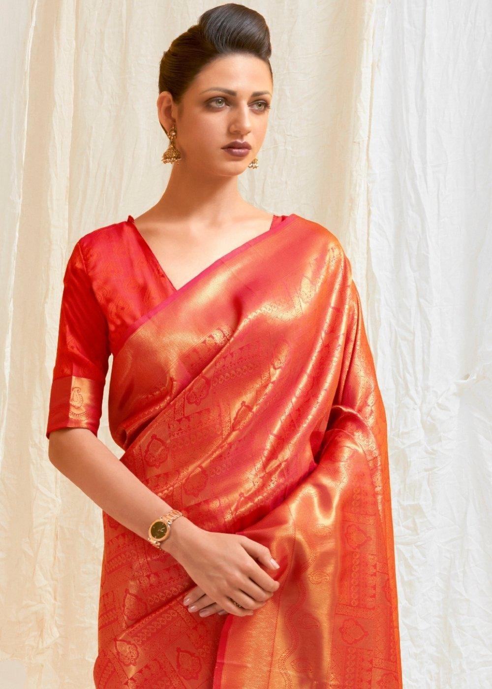 Scarlet Red & Golden Blend Kanjivaram Silk Saree | Stitched Blouse - qivii