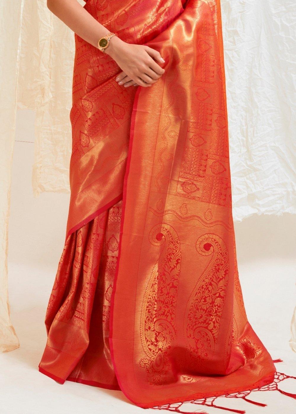 Scarlet Red & Golden Blend Kanjivaram Silk Saree | Stitched Blouse - qivii