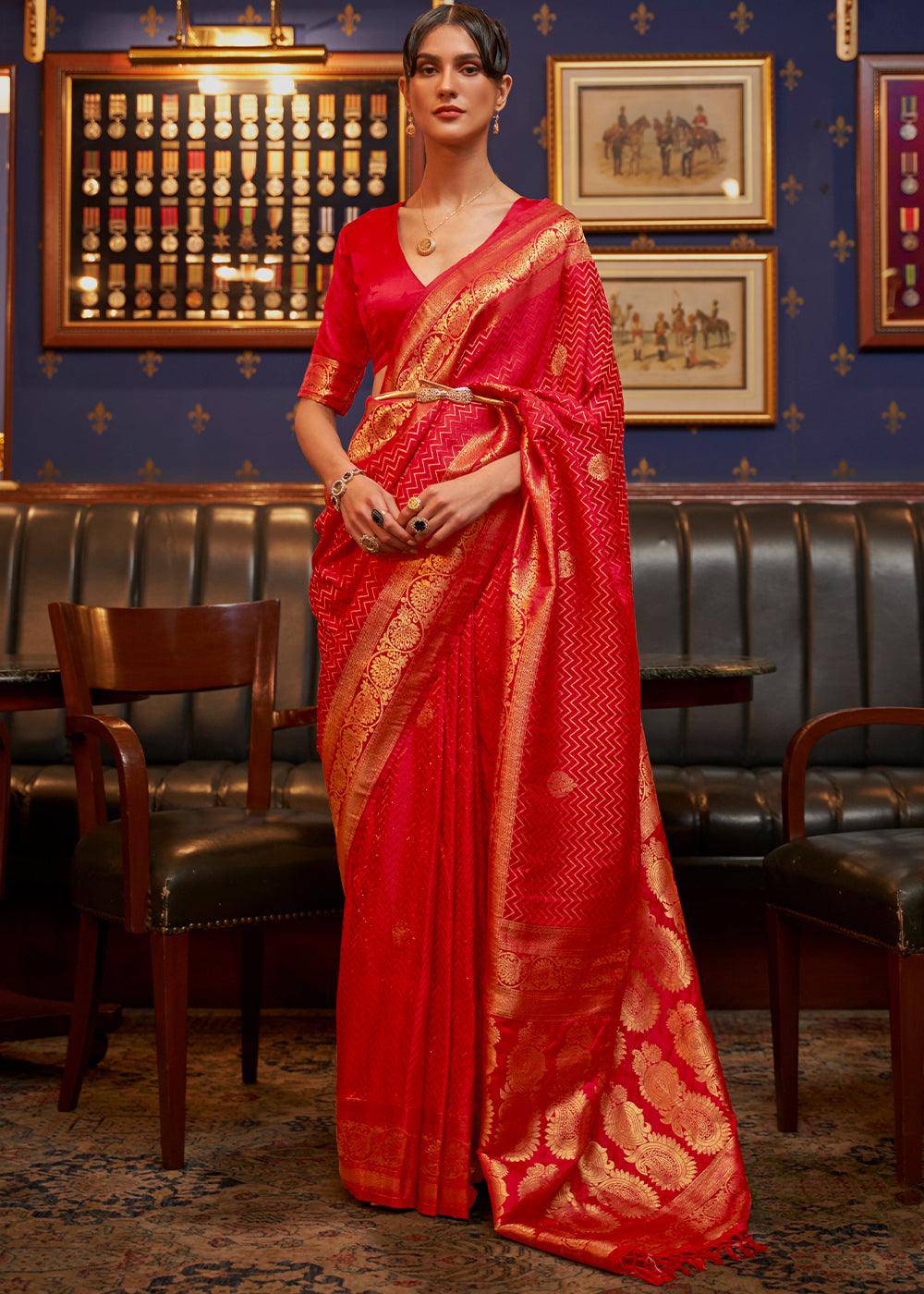 Scarlet Red Designer Satin Silk Saree | Stitched Blouse - qivii