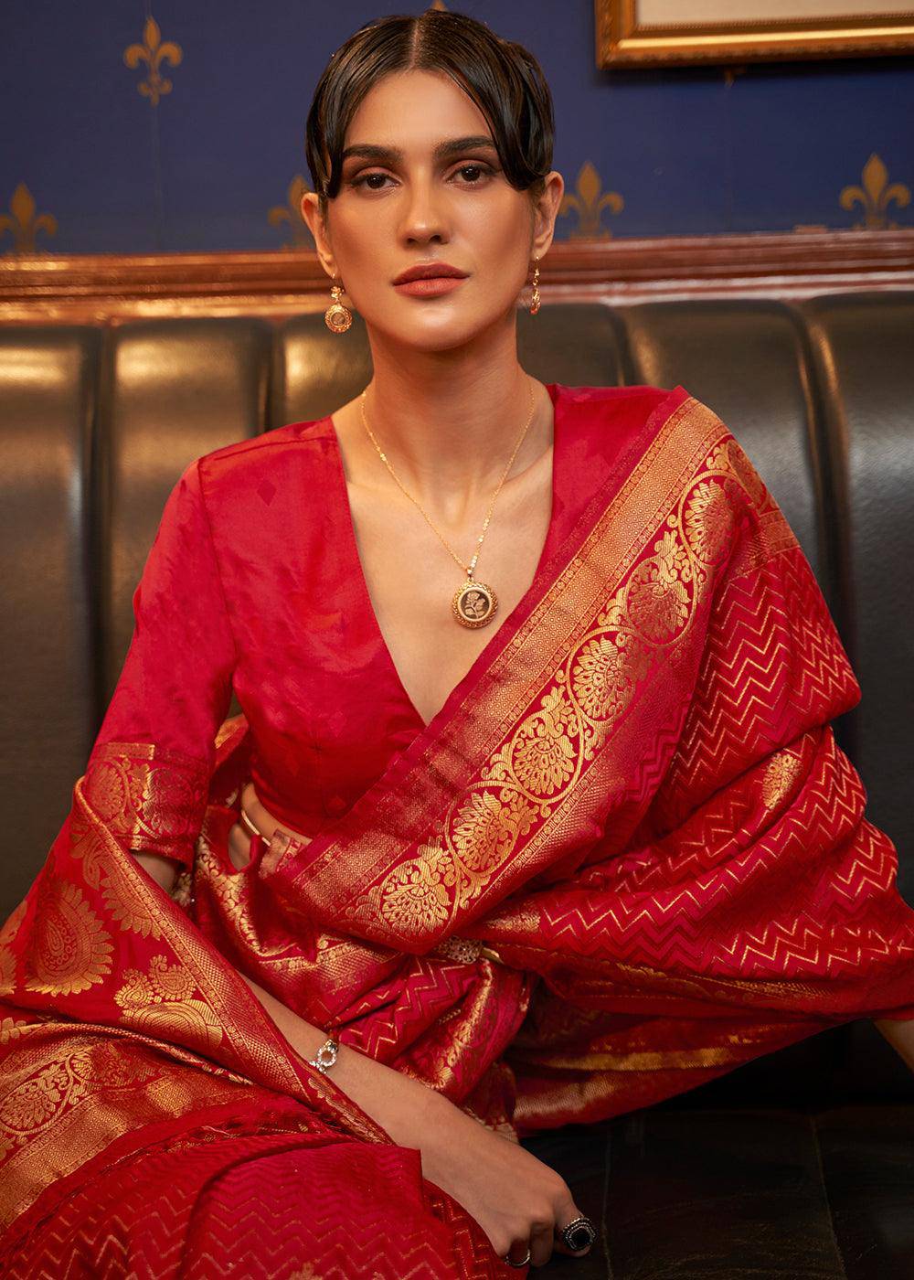 Scarlet Red Designer Satin Silk Saree | Stitched Blouse - qivii