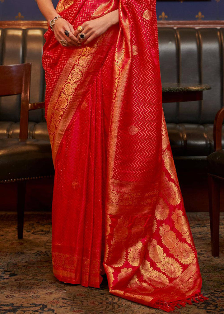 Scarlet Red Designer Satin Silk Saree | Stitched Blouse - qivii