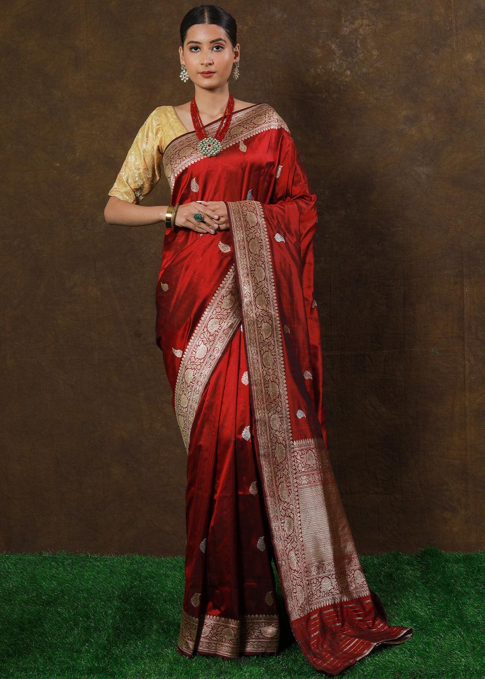 Scarlet Red Hand Woven Pure Katan Silk Saree | Stitched Blouse - qivii