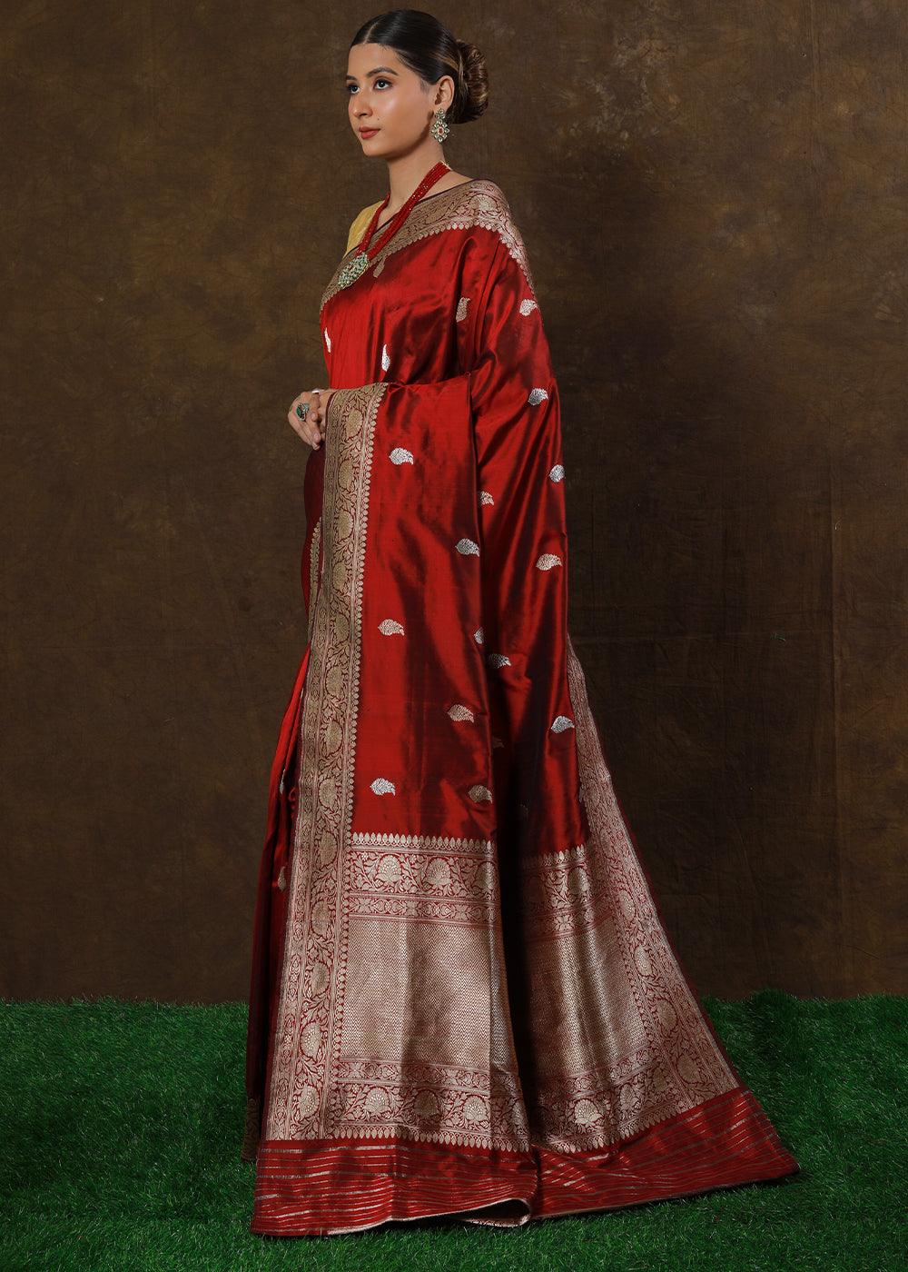 Scarlet Red Hand Woven Pure Katan Silk Saree | Stitched Blouse - qivii