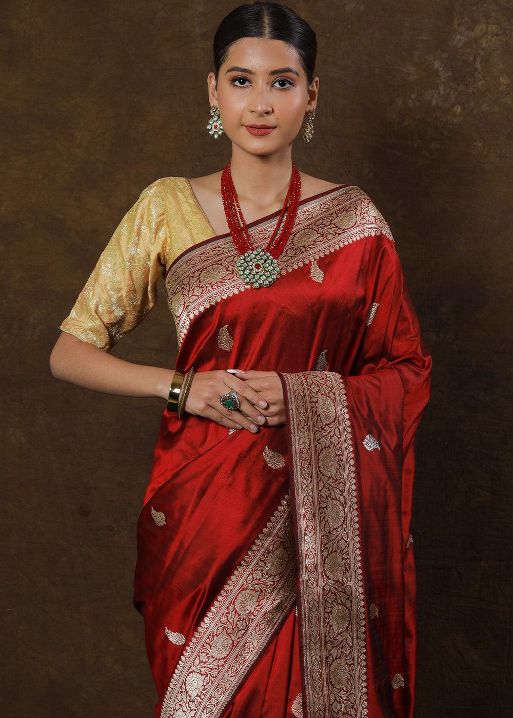 Scarlet Red Hand Woven Pure Katan Silk Saree | Stitched Blouse - qivii