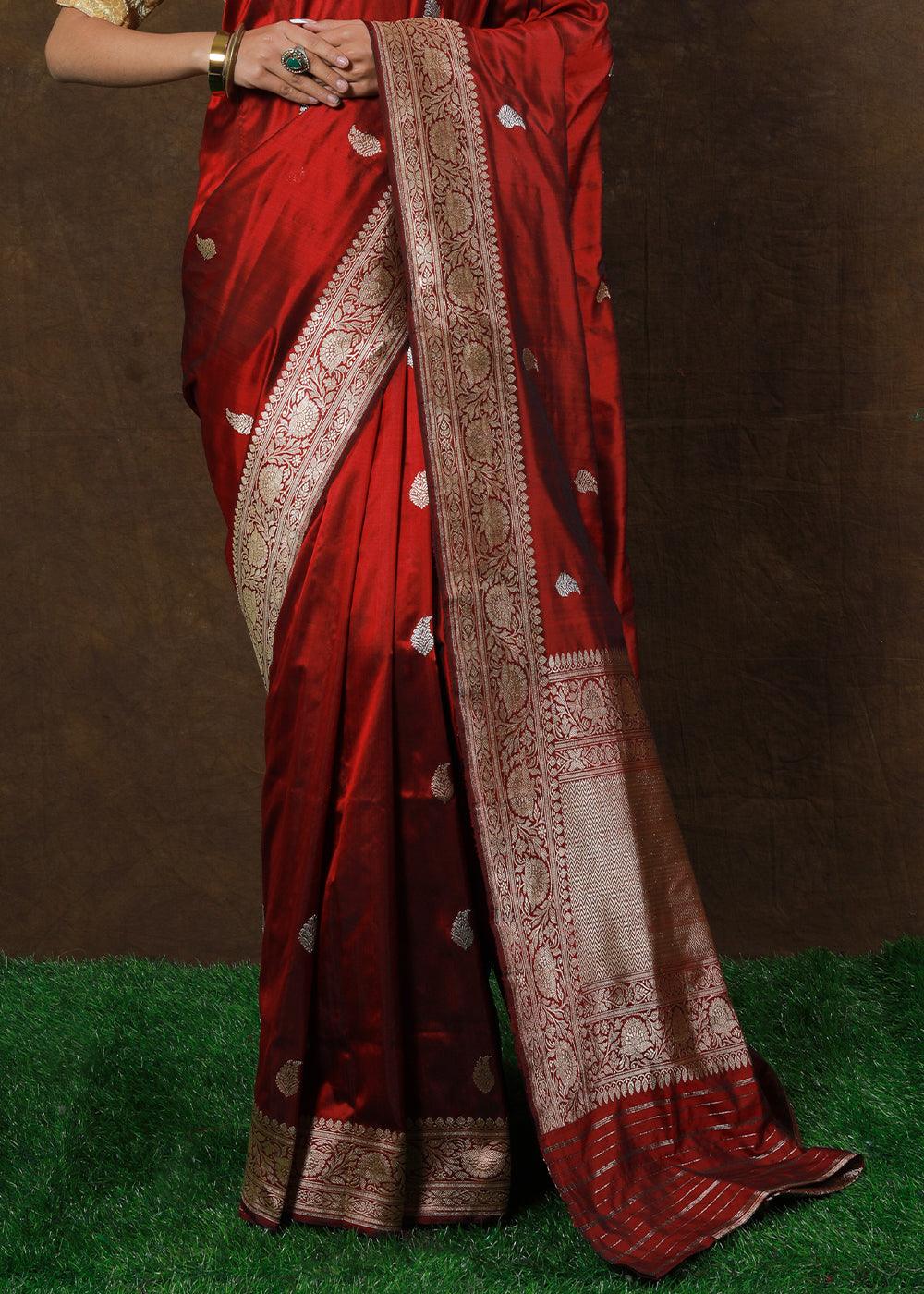 Scarlet Red Hand Woven Pure Katan Silk Saree | Stitched Blouse - qivii