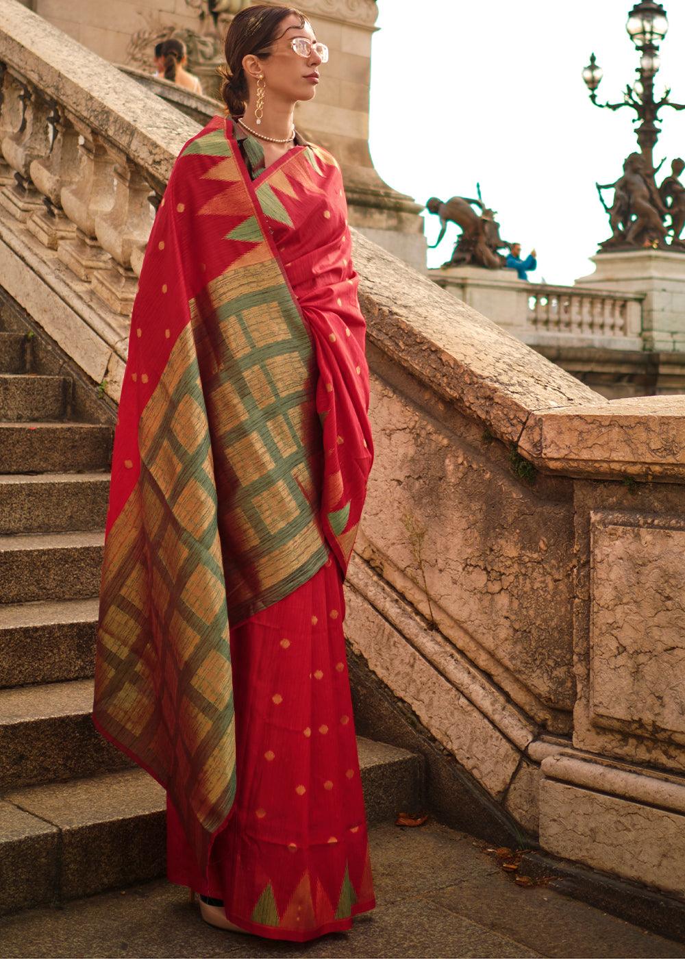 Scarlet Red Handloom Woven Khadi Silk Saree - qivii