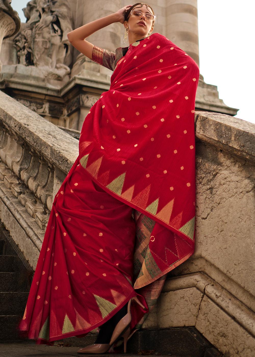 Scarlet Red Handloom Woven Khadi Silk Saree - qivii