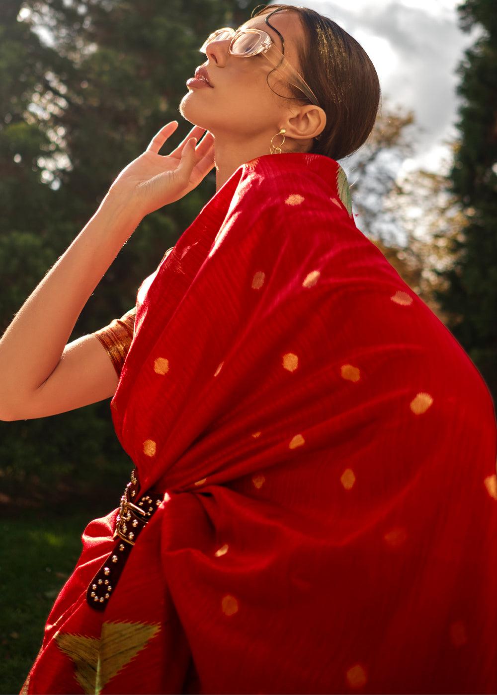 Scarlet Red Handloom Woven Khadi Silk Saree - qivii