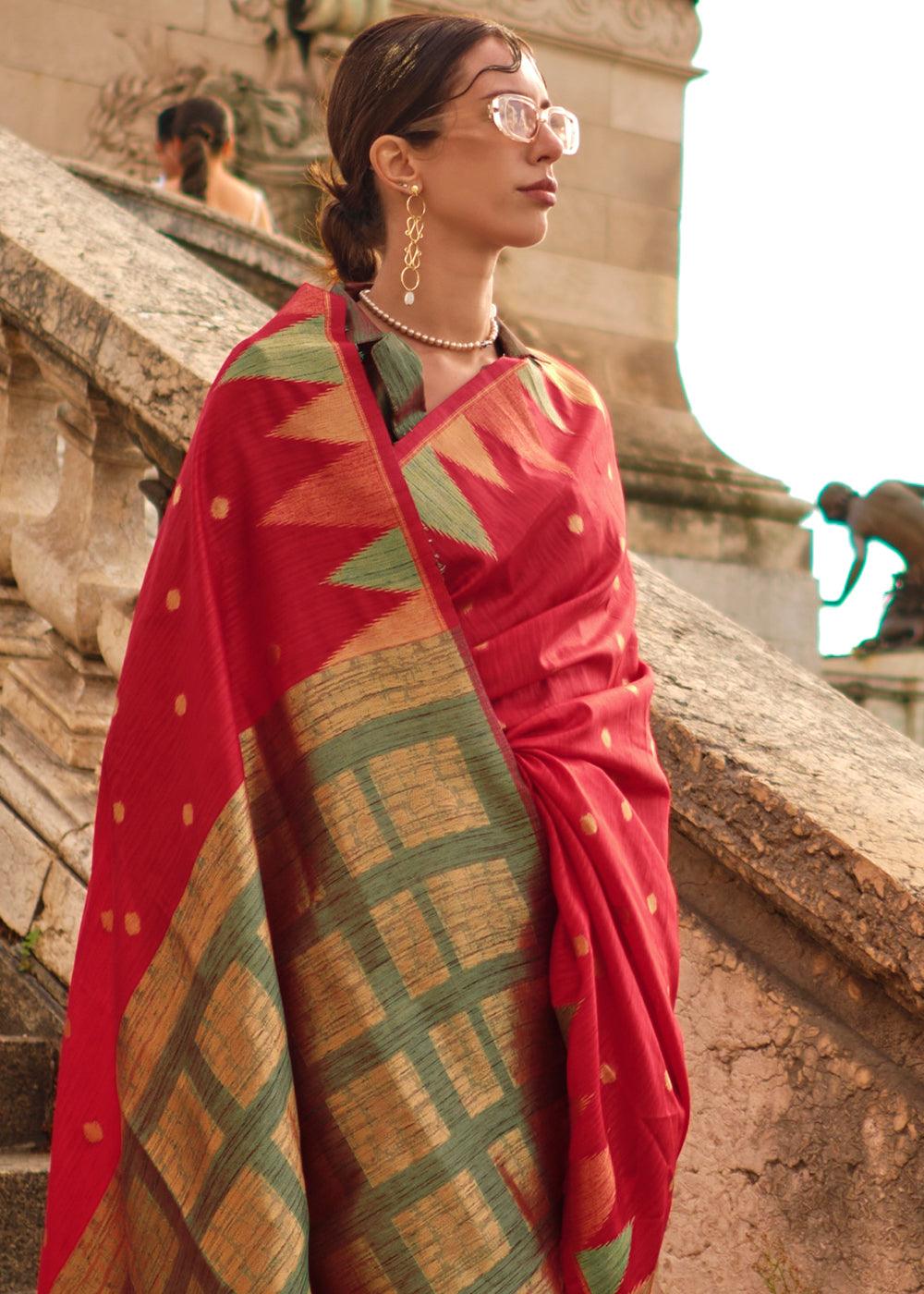 Scarlet Red Handloom Woven Khadi Silk Saree - qivii