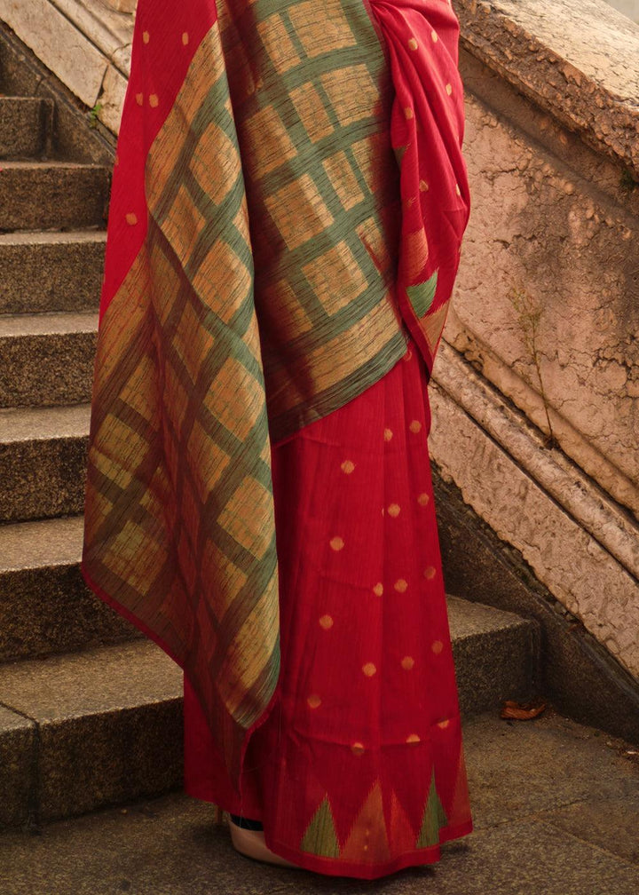 Scarlet Red Handloom Woven Khadi Silk Saree - qivii