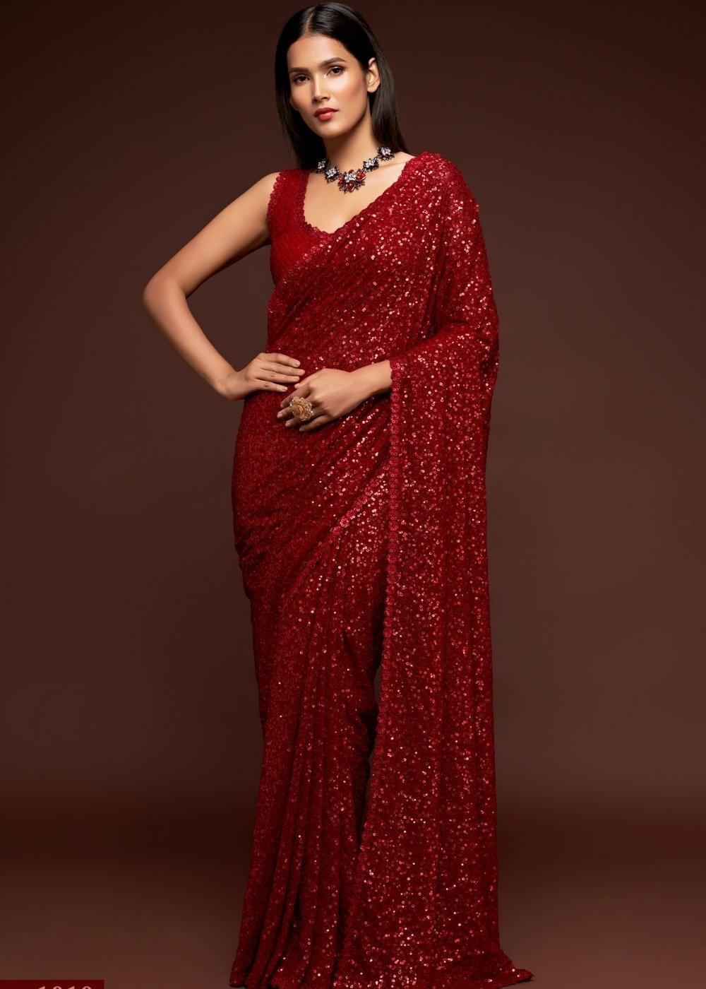 Scarlet Red Sequins & Thread Embroidered Designer Georgette Saree | Stitched Blouse - qivii