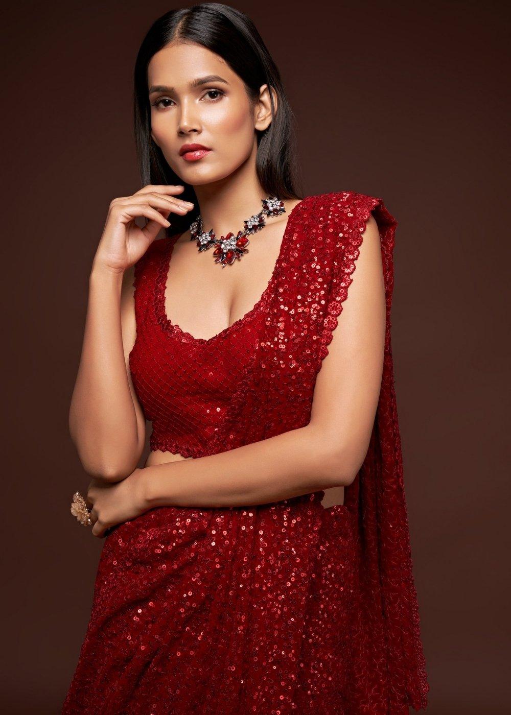 Scarlet Red Sequins & Thread Embroidered Designer Georgette Saree | Stitched Blouse - qivii