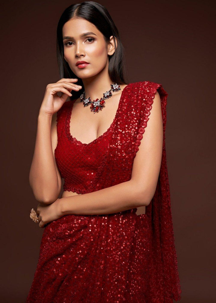 Scarlet Red Sequins & Thread Embroidered Designer Georgette Saree | Stitched Blouse - qivii